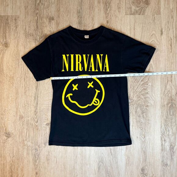 Vtg Mexico Boot Nirvana Smiley Face Logo T-Shirt Black Yellow Grunge Rock Tee - Picture 4 of 5